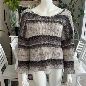 Free People Striped Chunky Knit Sweater - Black, Gray, Cream XS Slouchy Boho